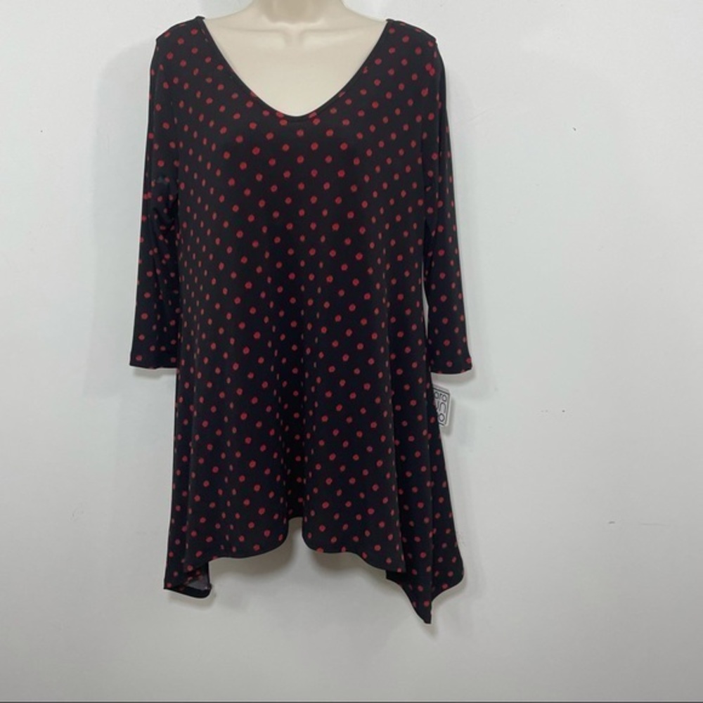 Ciara Sun Woo Black Stretch Polka Dot Jersey Blouse Top Sz S Handkerchief Hem